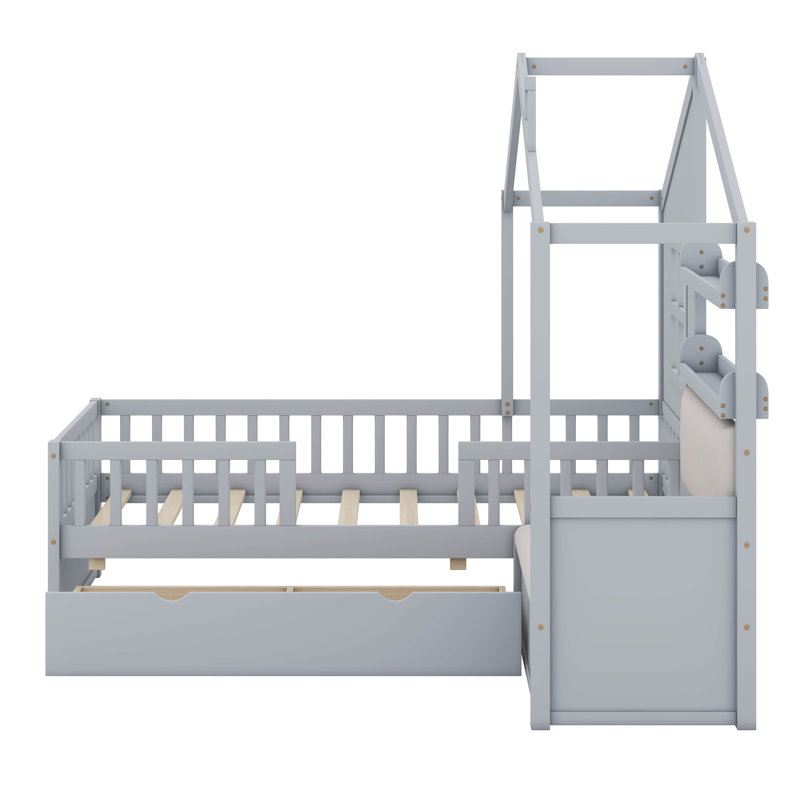 Lit simple à lattes pour enfant avec canapé, deux tiroirs et une tablette, gris