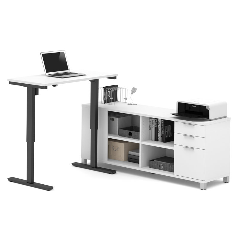 Oriano Office Set with Metal Legs, White, 2-Piece (Height Adjust Desk, Credenza)