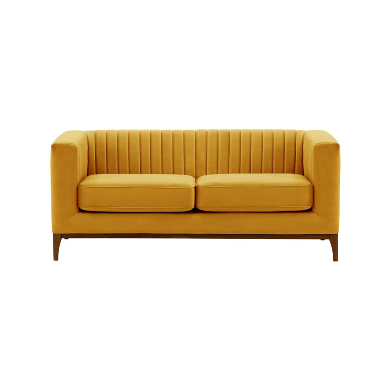 Buie Velvet Sofa, Mustard Yellow, Dark Oak