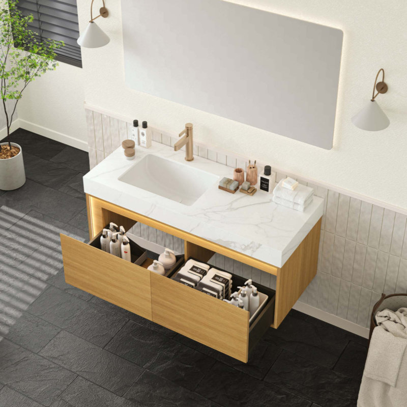 Meuble-lavabo de salle de bain, armoire de rangement flottante ultra-mince en contreplaqué, tiroirs avec capteur de lumière, plateau en pierre frittée et lavabo encastré en céramique, pré-assemblé