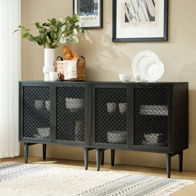 Fabion Modern 31.5''W Built-in LED Lights Wood-carved 2-Door Accent Cabinet with Metal Legs