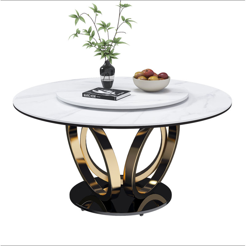 Table de salle à manger ronde 53 po 53 po avec plateau tournant à 360 ° lisse et résistant aux taches et à la chaleur, design minimaliste moderne pour la salle à manger, la cuisine, le coin-repas et l'espace compact (table seulement)