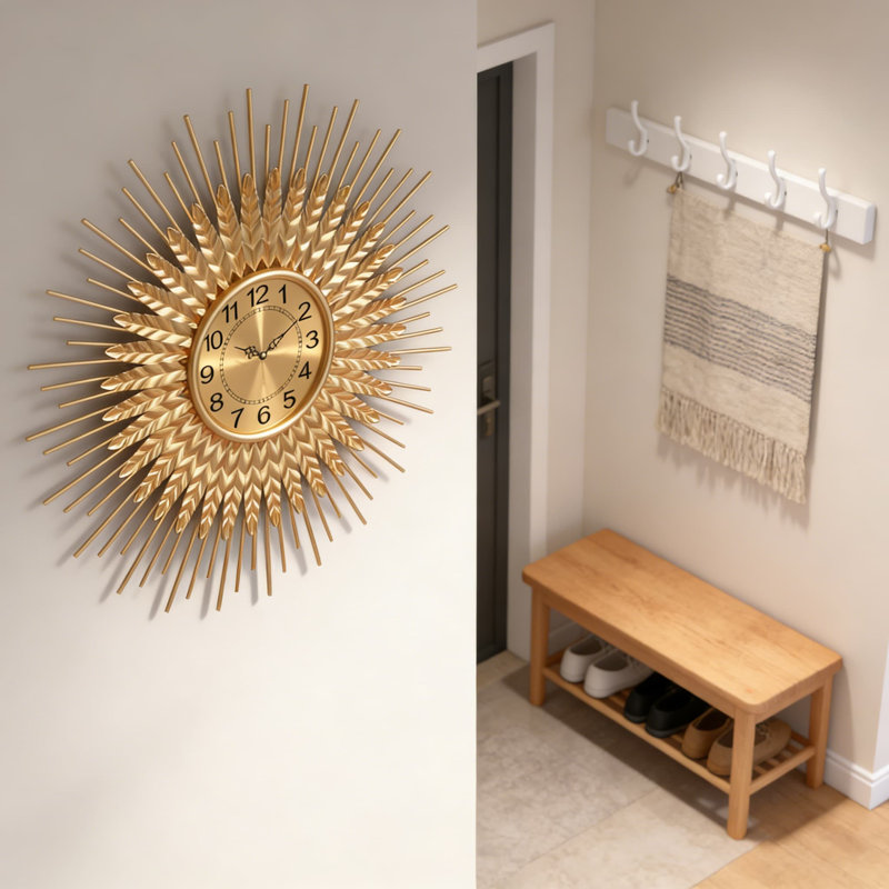 Grande horloge murale Sunburst moderne Mid-Century - Horloge décorative silencieuse en métal avec design blé