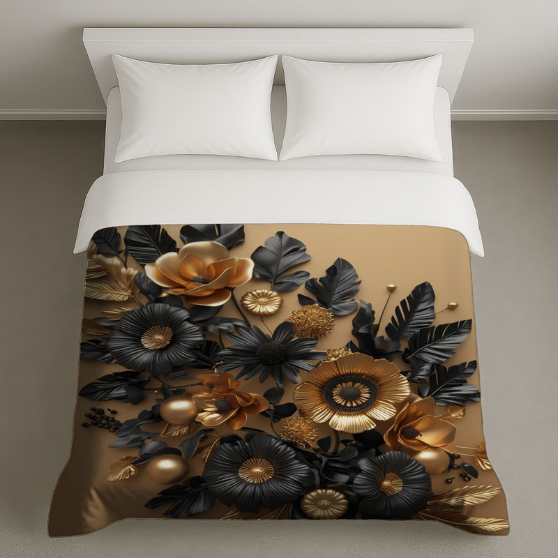 Gold Black Floral Arrangement Duvet Covers, Twin