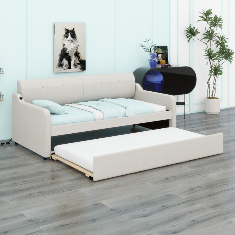 Upholstery Daybed With Trundle And USB Charging Design,Trundle Can Be Flat Or Erected, Beige