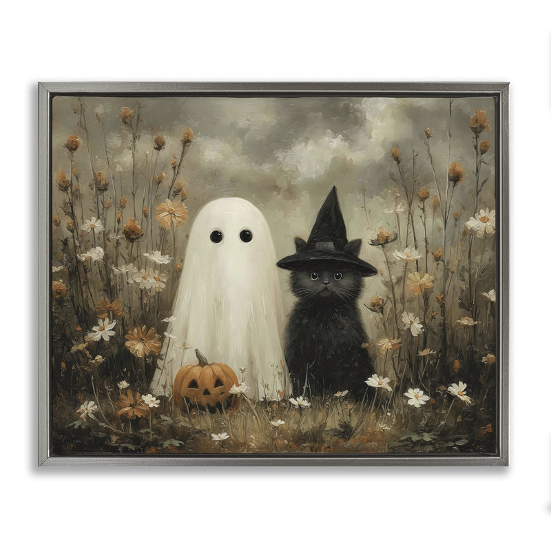Cadre flottant fantôme et chat noir, design par Arlington Prints, H 17 po x l 21 po, Cadre flottant gris lustré