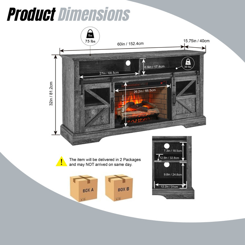 60 Inch Electric Fireplace Entertainment Center - With Door Sensor Dark Rustic Oak Style