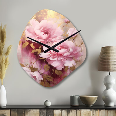 Pivoines roses et dorées dans l'éclat - horloge murale en forme de pivoines uniques en métal, impression d'horloge murale rose