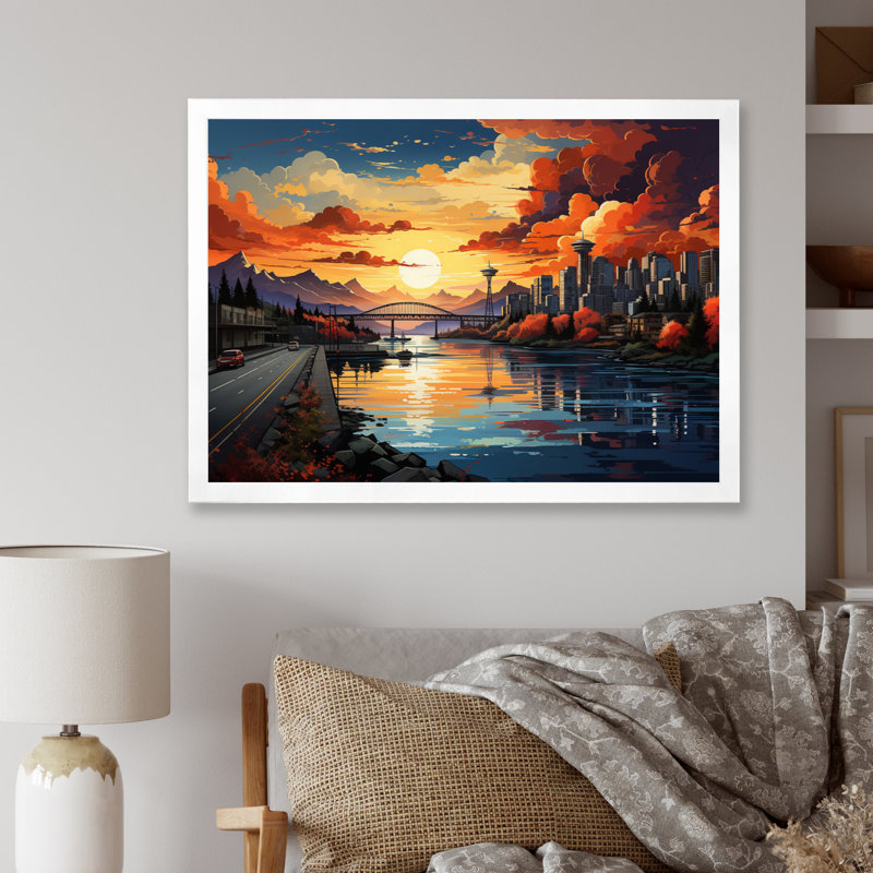 City Vancouver Sunset Popart, reproduction d'art sur toile, H 12 po x l 20 po x P 1 po, Cadre simple blanc