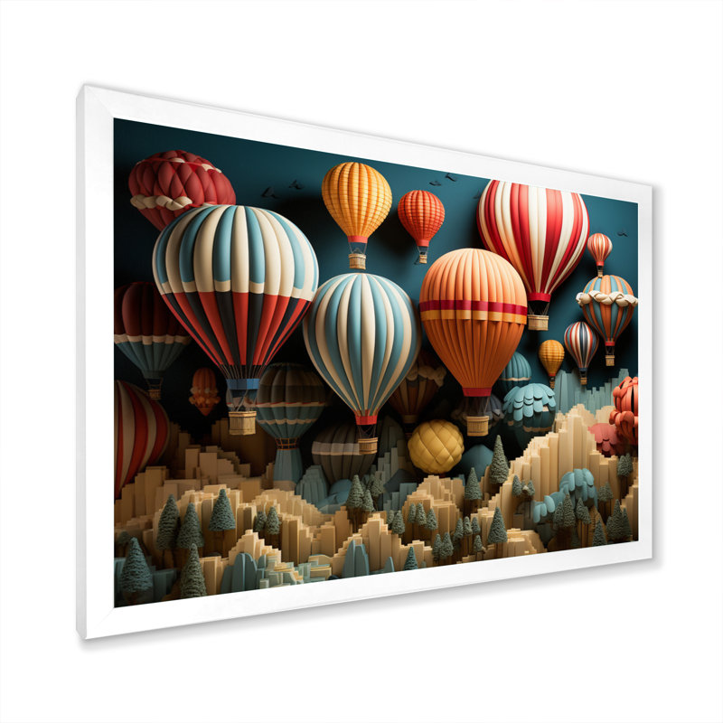 «Red Hot Air Ballon Mosaic I», impressions sur toile montgolfière, H 12 po x l 20 po x P 1 po, Cadre photo blanc