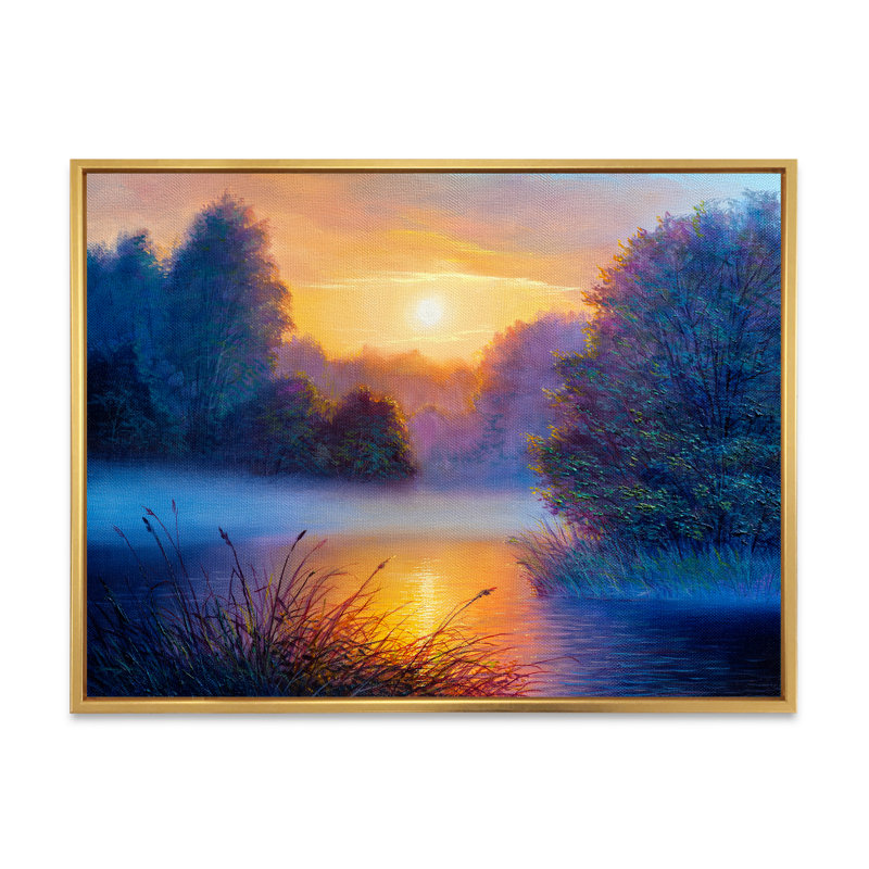 «River In Sunset Winter Forest III», reproduction sur toile flottante, H 24 po x l 36 po x P 1 po, Cadre flottant doré