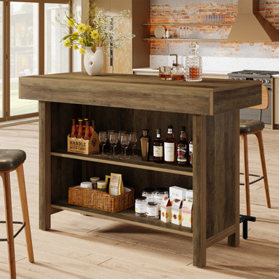 57.48-Inch Bar Table, Industrial Counter Height Pub Table with 2-Tier Storage, Rectangular Home Bar Unit with Metal Footrest for Home Kitchen, Dining by 17 Stories