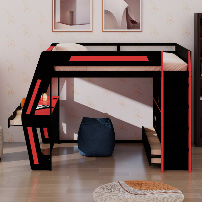 Gaming Loft Bed Frame, Desk Included, RGB Lighting, USB Ports, 6 Cubbies, 6 Drawers, Black+Red