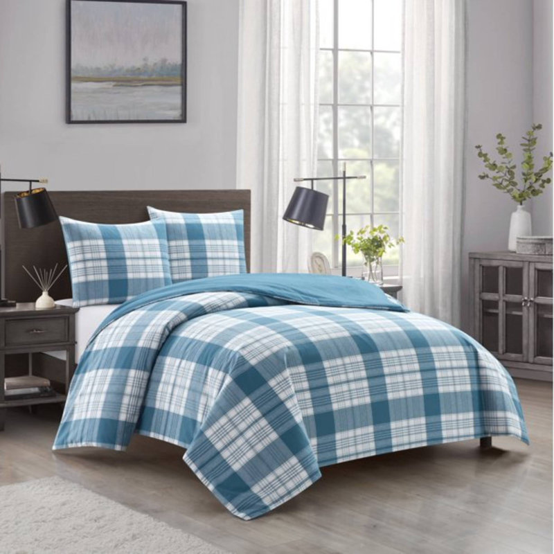 Blue Plaid Cotton Comforter Set, Full/Queen