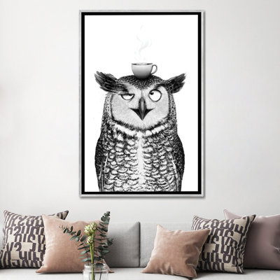 Hibou avec cappuccino - reproduction d'art murale - toile encadrée
