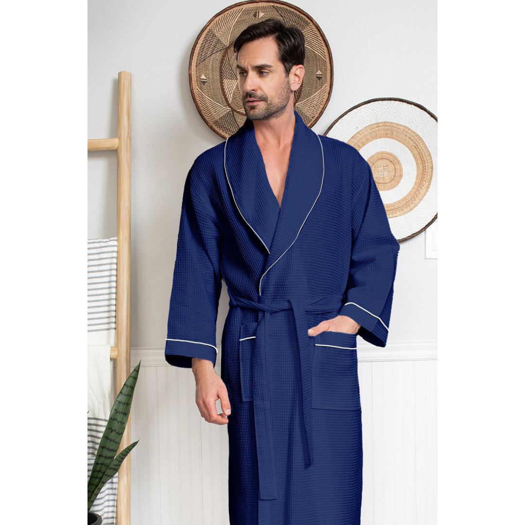 LOTUS LINEN Waffle Piping Robes - Hotel/Spa Luxury Cotton Bathrobes Lotus Linen Color: Navy Size: M