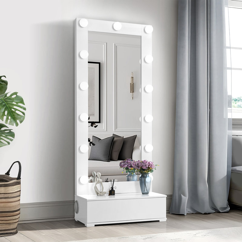 Grand miroir étroit Elisa avec haut-parleur et tiroir blanc, White