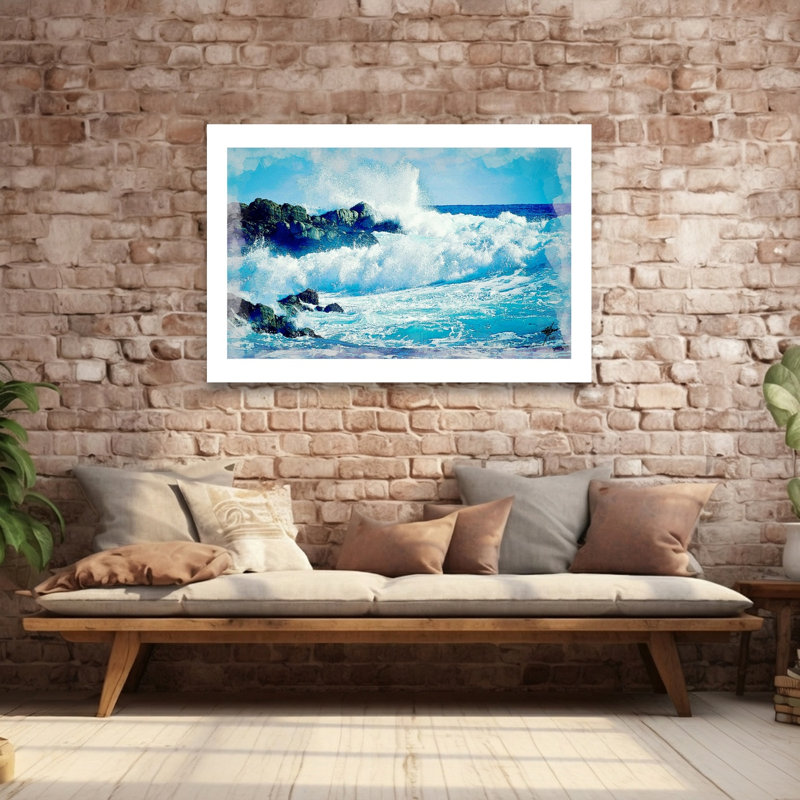 Crashing Ocean Waves Vibrant Abstract Contemporary Coastal Wall Art Print, 40" H x 60" W