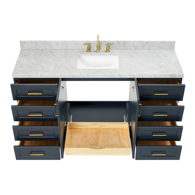 Freitas 67'' Solid Wood Single Bathroom Vanity in Midnight Blue with 1.5'' Carrara Marble Top, Center, Rectangle Sink