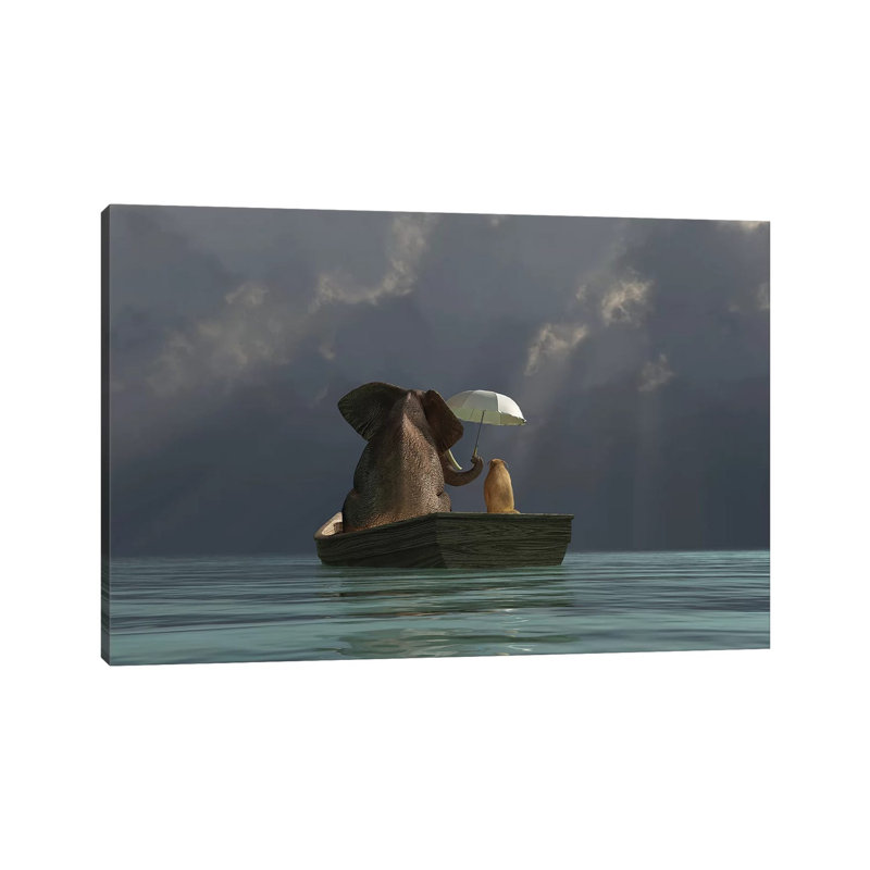«Elephant and Dog Are Floating in a Boat II» par Mike Kyiv - Reproduction d'art graphique, Pas de tapis, Toile tendue