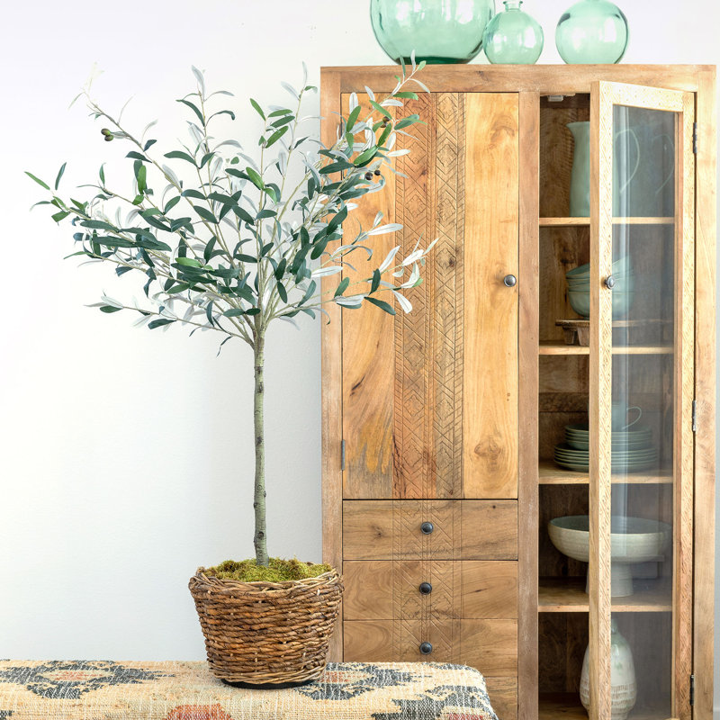 Elegant Summer Faux Olive Topiary in Dark Pot, 58"