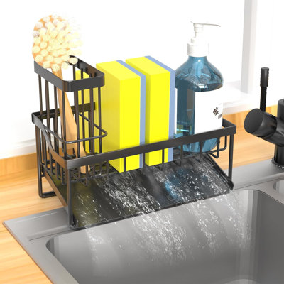 Kitchen Sink With Brush Holder, Kitchen Sink Cocina Organizer And Storage Dish Soap Sponge Caddy With Auto Stainless Steel Draining Tray