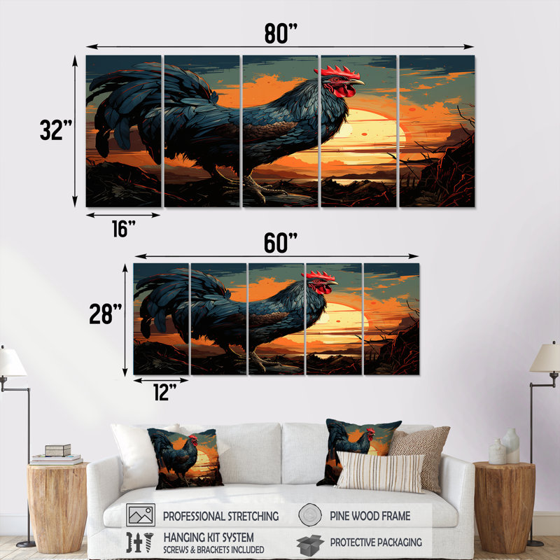 «Sunset Roosters Farmyard II - Coq», ensemble de 5 décorations murales, H 28 po x l 60 po