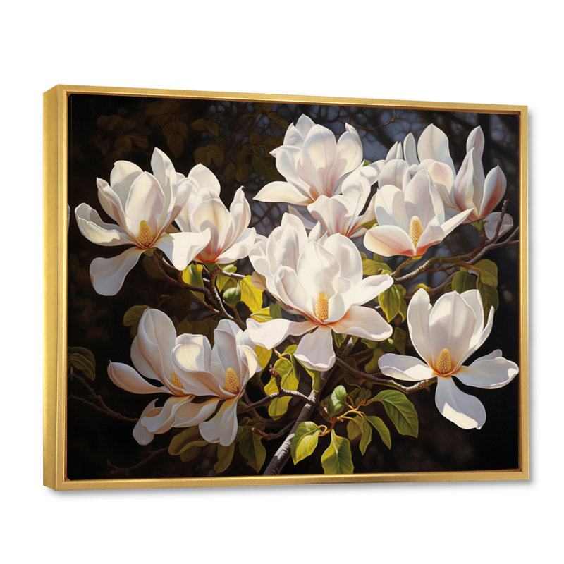 Blanc, jaune, magnolia et magnolia - art mural Magnolias, H 24 po x l 32 po x P 1 po, Cadre flottant doré