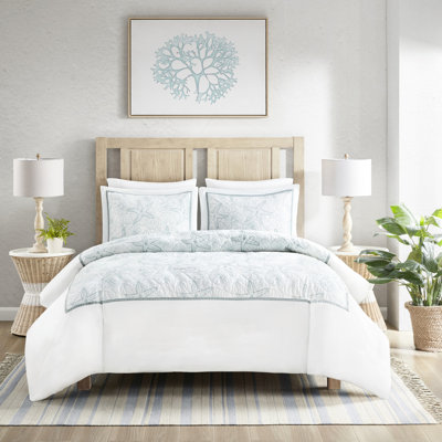 Housse de couette pour lit double / grand lit - 100% coton pour les chalets de bord de mer, broderie dollar foncé et sable, fermeture à boutons, 4 attaches intérieures, 2 mini taies décoratives standard avec vue sur l'océan, sans insert