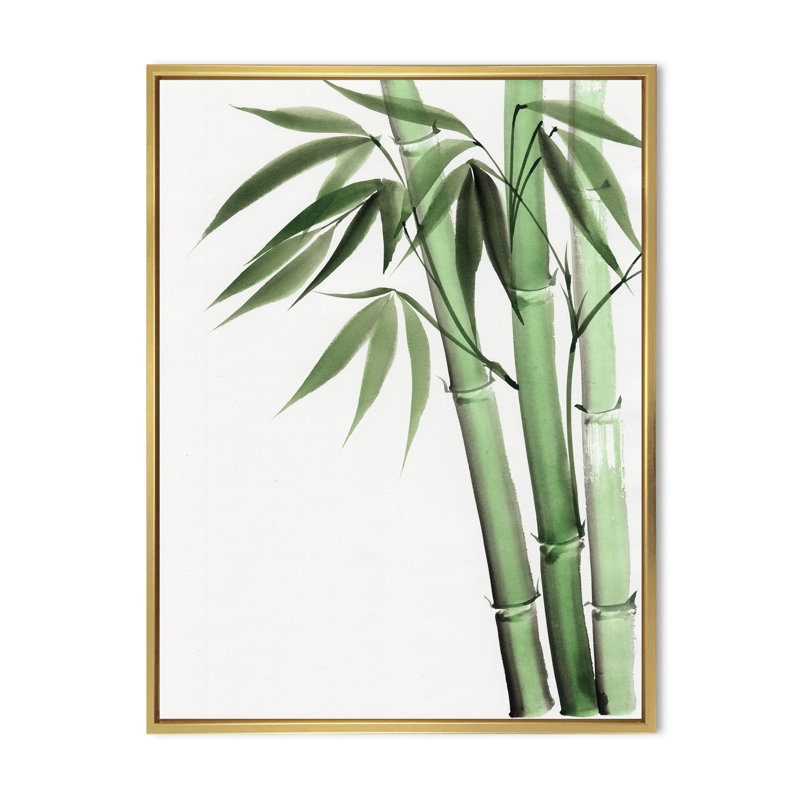 Palmier en bambou, détail II - peinture sur toile, Cadre flottant doré, H 32 po x l 16 po x P 1 po