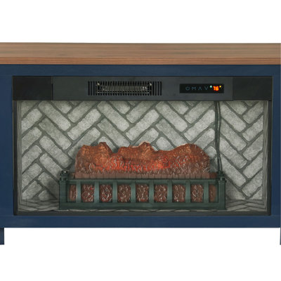 1 console multimédia avec foyer électrique bleu flammes, armoire latérale avec trous réglables, grille pour bûches, finition deux tons