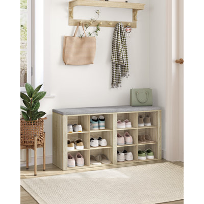 Shoe Storage Bench with Padded Seat, Shoe Rack Bench with 12 Open Compartments, Adjustable Shelves, Shoes Cabinet with Cushion for Hallway, Living Room, Bedroom, Entryway 