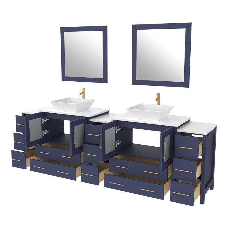 Ensemble de meuble-lavabo autoportant à double cuve 96 "avec plateau en marbre et miroirs assortis Ravenna, Bleu