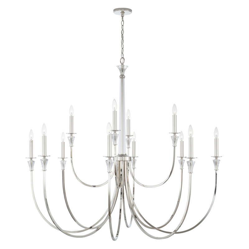 Lustre 12 lumières avec colonne en cristal et bobeches