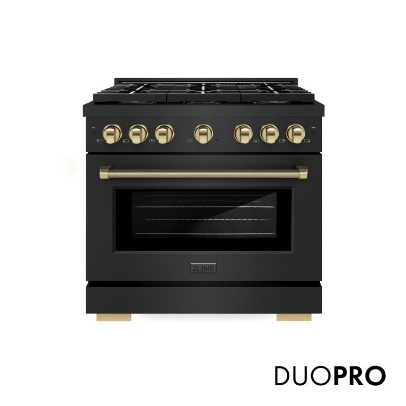 ZLINE Autograph 36 in. Paramount DuoPro Gas Range in Black Steel with Polished Gold Helix Handles, Polished Gold