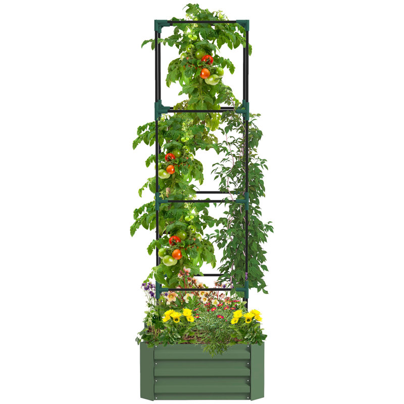 Boîte à fleurs avec cage à tomates en treillis Outsunny, Vert