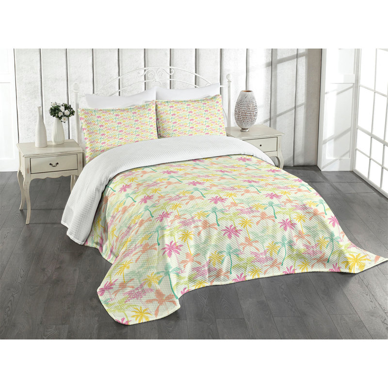 Ambensonne Palm Tree Silhouettes Multicolor, Queen Coverlet/Bedspread + 2 Pillow Shams