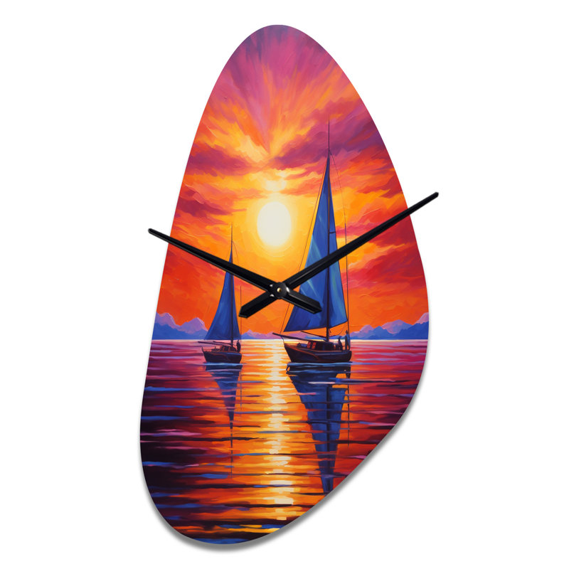 Sailboat Sunset Sails - Boat Sailing Unique Shape Metal Wall Clock, Modern Asymmetrical Wall Clock Print, Medium