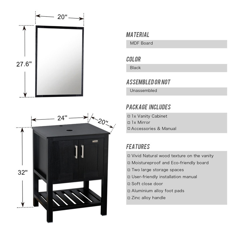 24'' Narrow Depth Single Bathroom Vanity Set with Mirror, Black