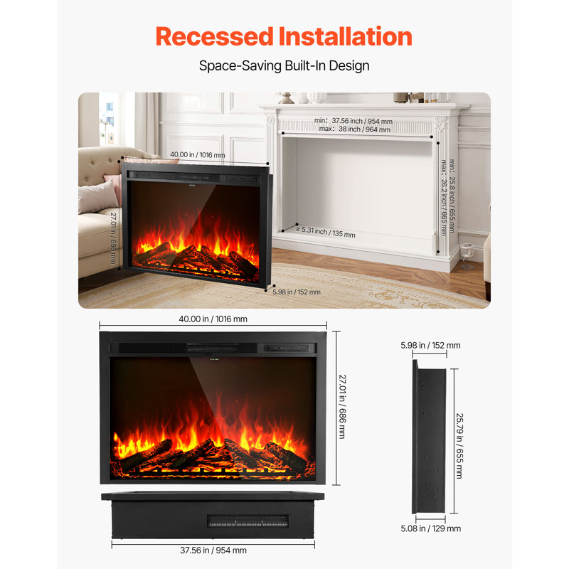 Chaufferette encastrée murale 40 po 750W 1500W, H 27,01 po x l 40 po x P 5,98 po