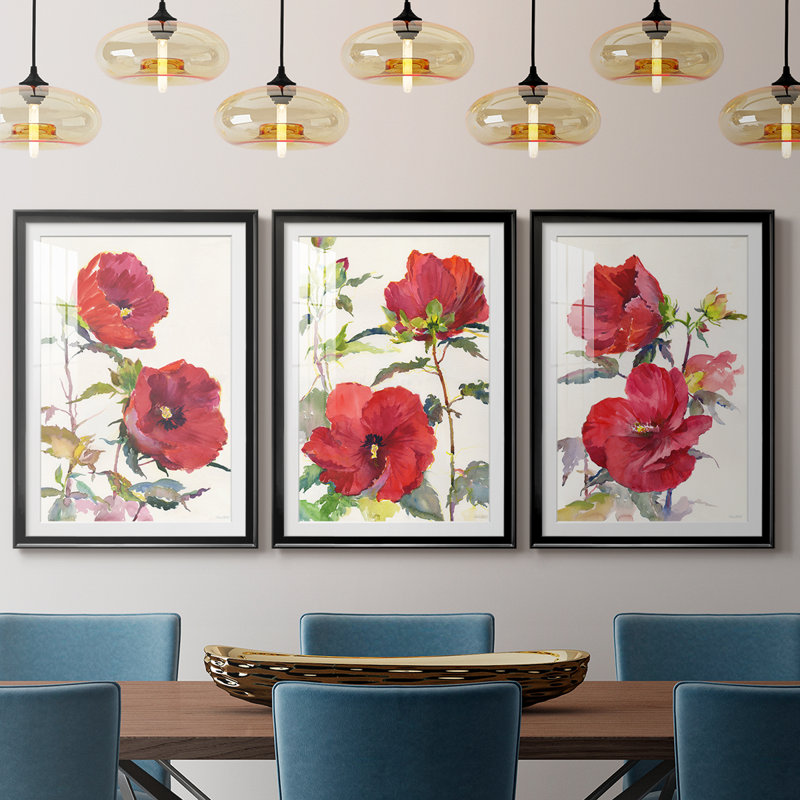 Hibiscus Glow I - impression encadrée sur mesure de qualité supérieure - 3 pièces, H 27 po x l 39 po, Noir