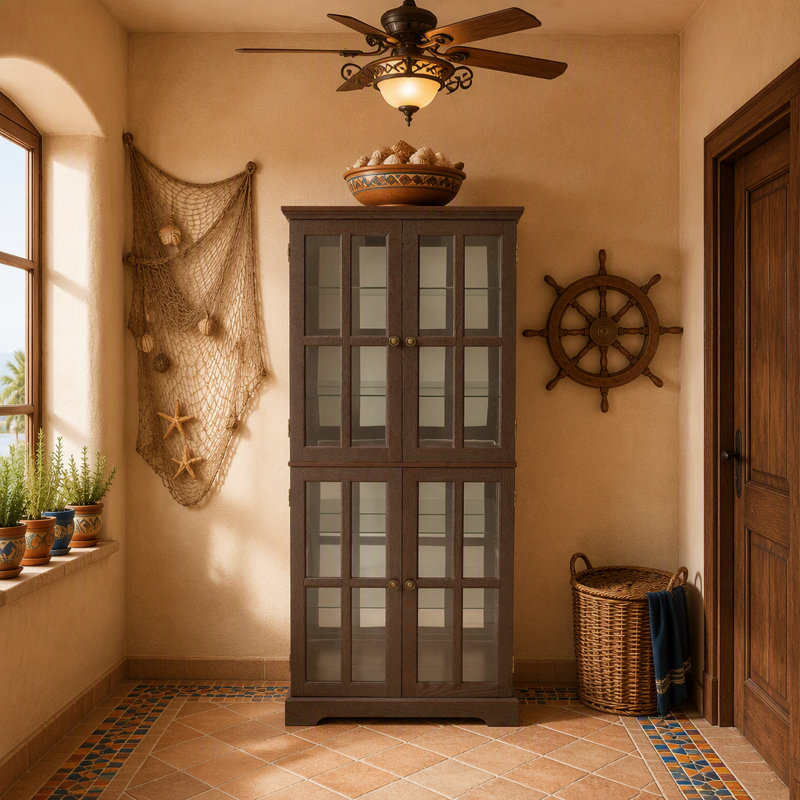 Vitrine exquise avec quatre portes en verre et tablettes réglables, parfaite pour mettre en valeur des objets de collection précieux