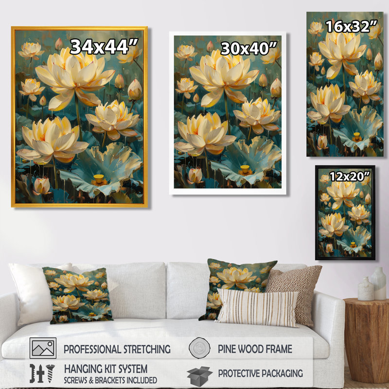 Décoration murale de jardins de lotus blanc et vert II, Cadre flottant noir, H 12 po x l 20 po