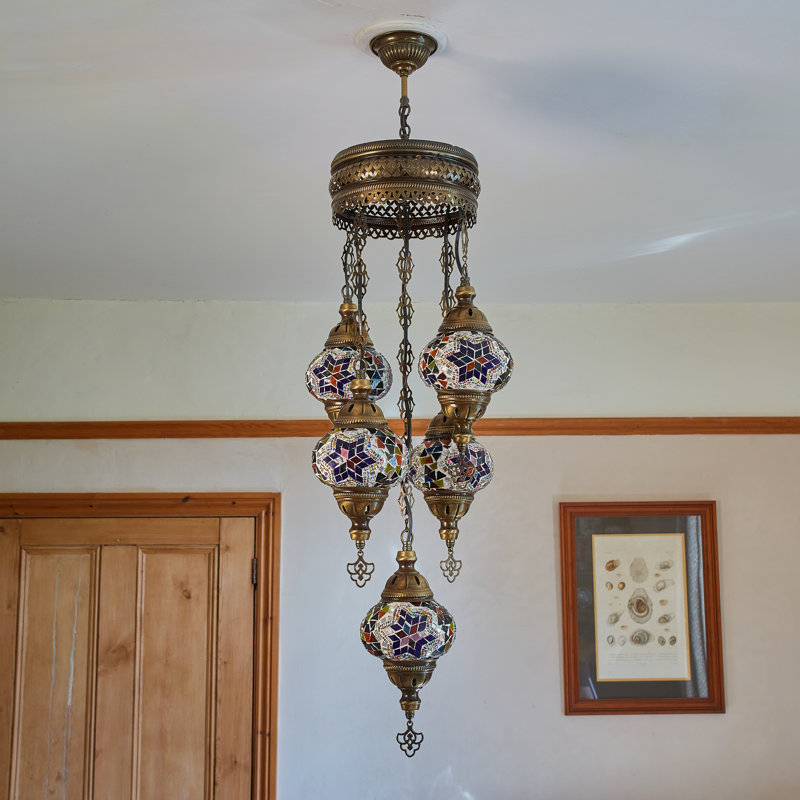 Karlie 5 - Light Bronze Cluster Pendant, Navy Blue/Red/Yellow