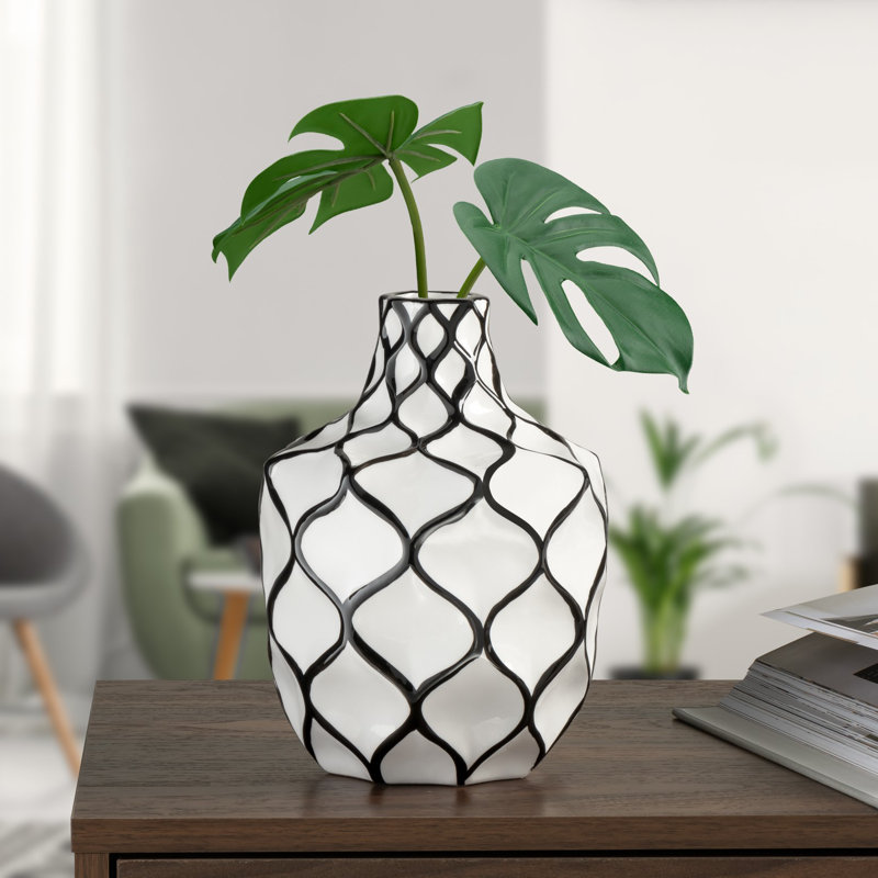  Sushmita 9" Black Outline Handmade Ceramic White Table Vase, 9"H x 6.75"W x 6.75"D
