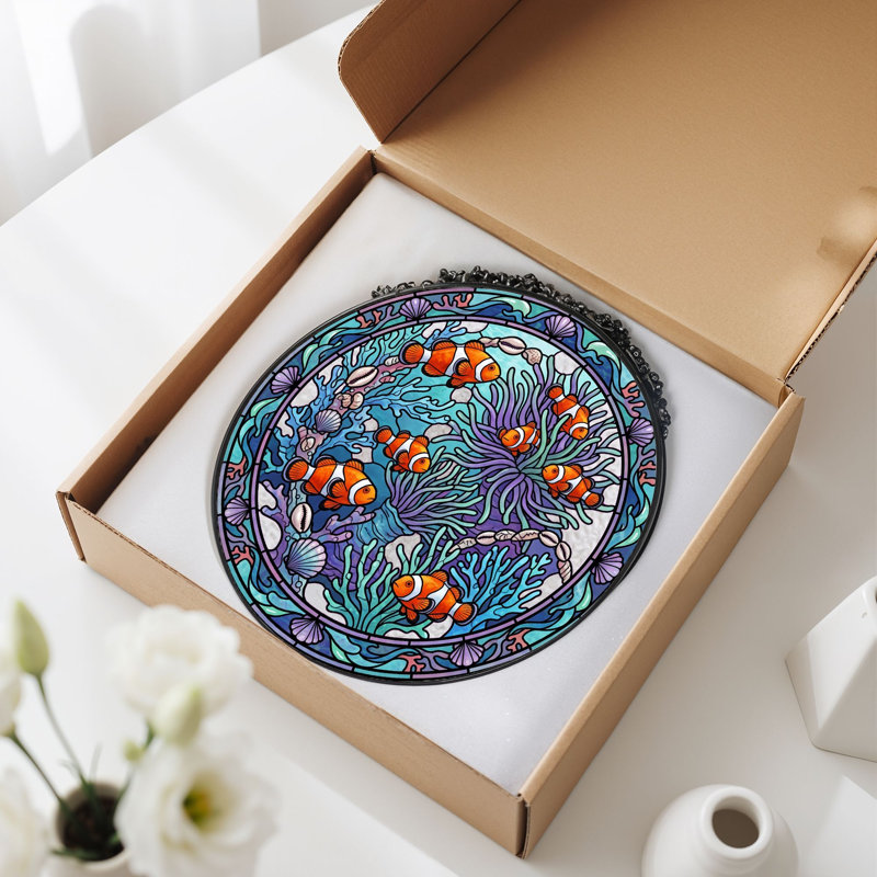 Panneau de vitrail en verre coloré corail Clownfish H 12 po, 12"H