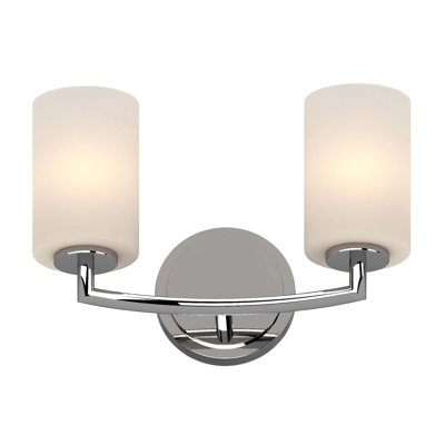 Sharyn 2-Light Indoor Chrome Wall Mount Armed Sconce with White Frosted Glass Cylinder Shades