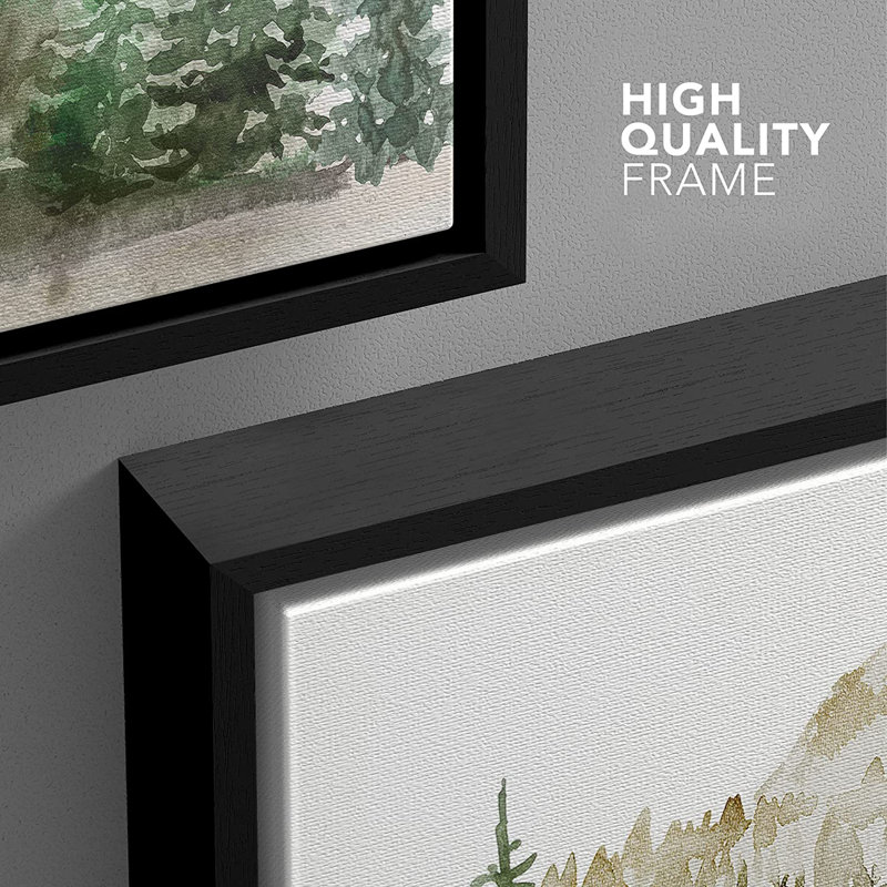 Green Watercolor Mountain Pine Tree Forest Nature Landscape Rustic Wall Art Work Framed Canvas Print, Black