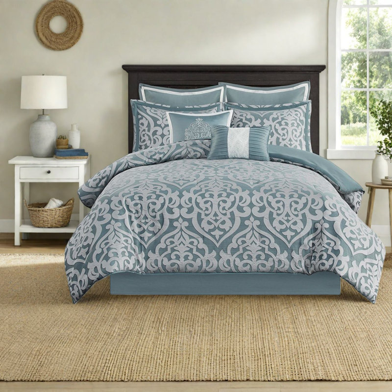Ensemble de literie en jacquard luxueux 8 pièces, édredon en polyester, turquoise élégant et argent