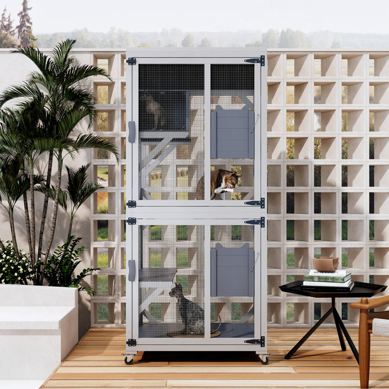 Enceinte d'extérieur pour chat avec roues, grande cage à chat en bois de 71,2 po, maisonnette à plusieurs niveaux avec plateformes, portes verrouillables et plateau amovible en PVC